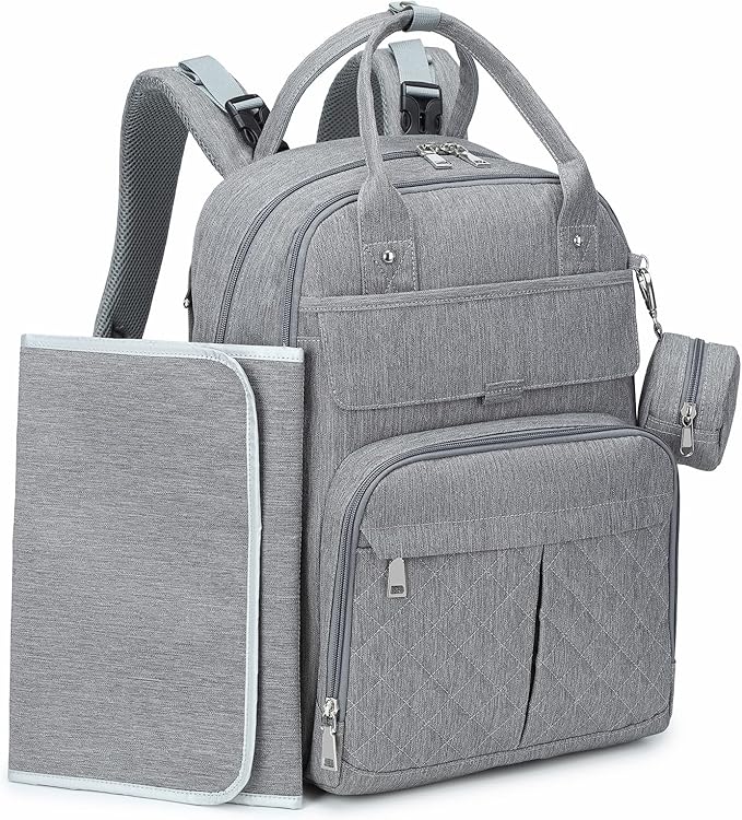 MOONBABY Diaper Bag Backpack, Baby Diaper Bags with Portable Changing Pad and Pacifier Case, Multifunctional Travel Diaper Backpacks, Unisex Baby Bags, Grey
