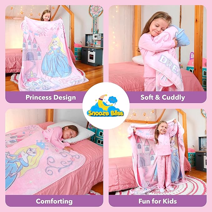 Snooze Bliss Glow in The Dark Princess Blanket– Fun Birthday Gift for Kids Who Love Toys & Dresses for Girls. Cute Toddler Blanket Throw for Princess Bedding and Room Decor