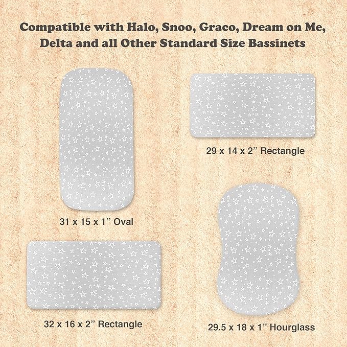Bassinet Sheets Boy – 2-Pack Soft Fitted Bassinet Sheets, Organic Cotton, Breathable & Cozy, Fits 32x16x4 Inch Rectangle, Oval & Hourglass Mattresses (Grey)