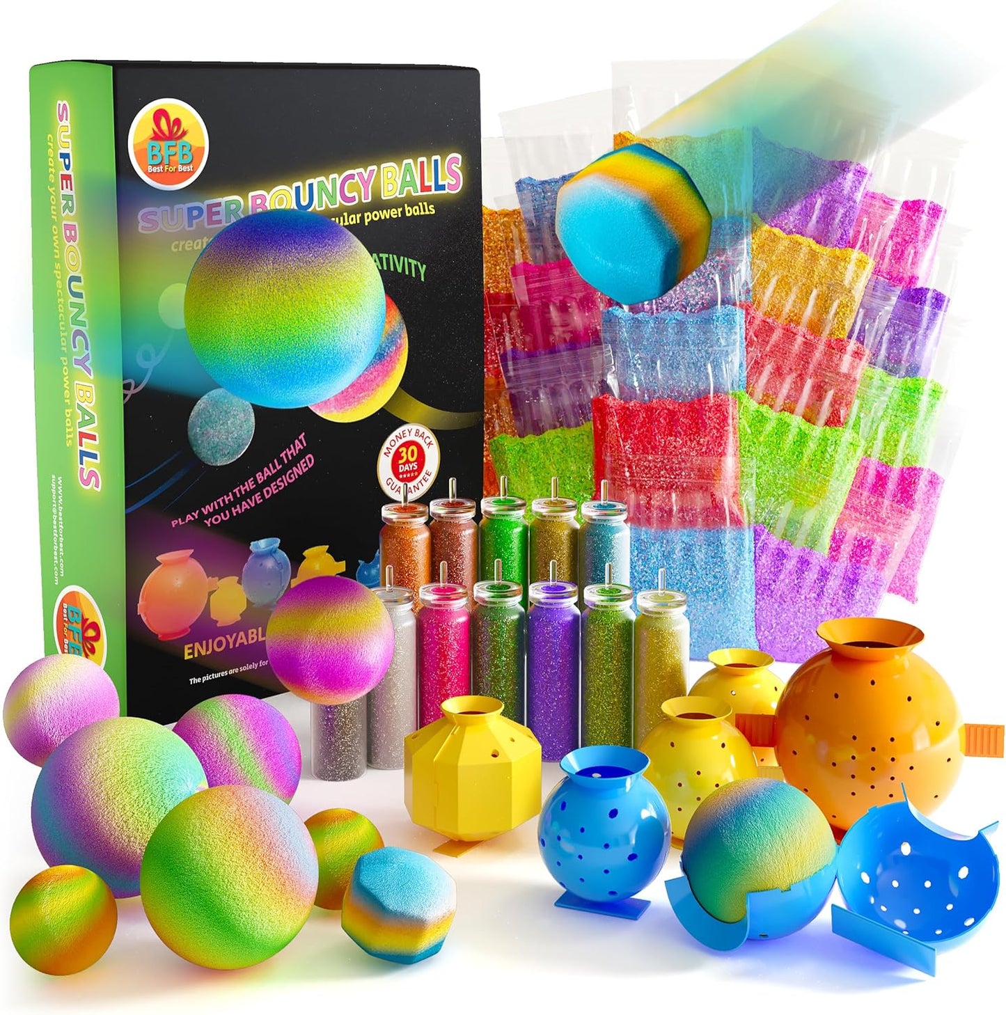 BFB DIY Super Bouncy Balls Kit - Make Your Own Ball Science Kits, Crystal Powder Girls & Boys Crafts Set, Multi-Colored Glow in the Dark DIY Kids Projects - DIY Bouncy Ball Kit Crafts for Boys & Girls