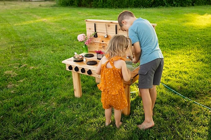 Noble Toys Mini Mud Kitchen with Functional Stovetop Sink for Kids | Pretend Play Toddler Table with Running Water | Outdoor Playset Working Sink | Real Wooden Kitchens | Preschool Equipment