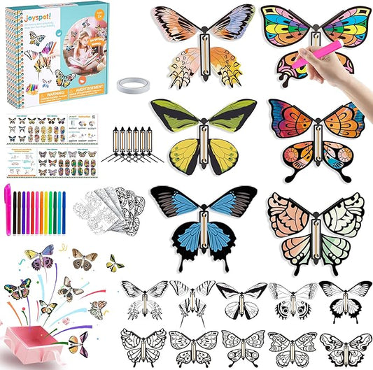 JOY SPOT! 28 Pack DIY Butterfly Craft Kit for Kids, 16 Paper Butterflies and 13 Color Pens, Make Your Own Rubber Band Wind Up Butterfly Toy, Perfect for Party Games, School Activities, Surprise Cards