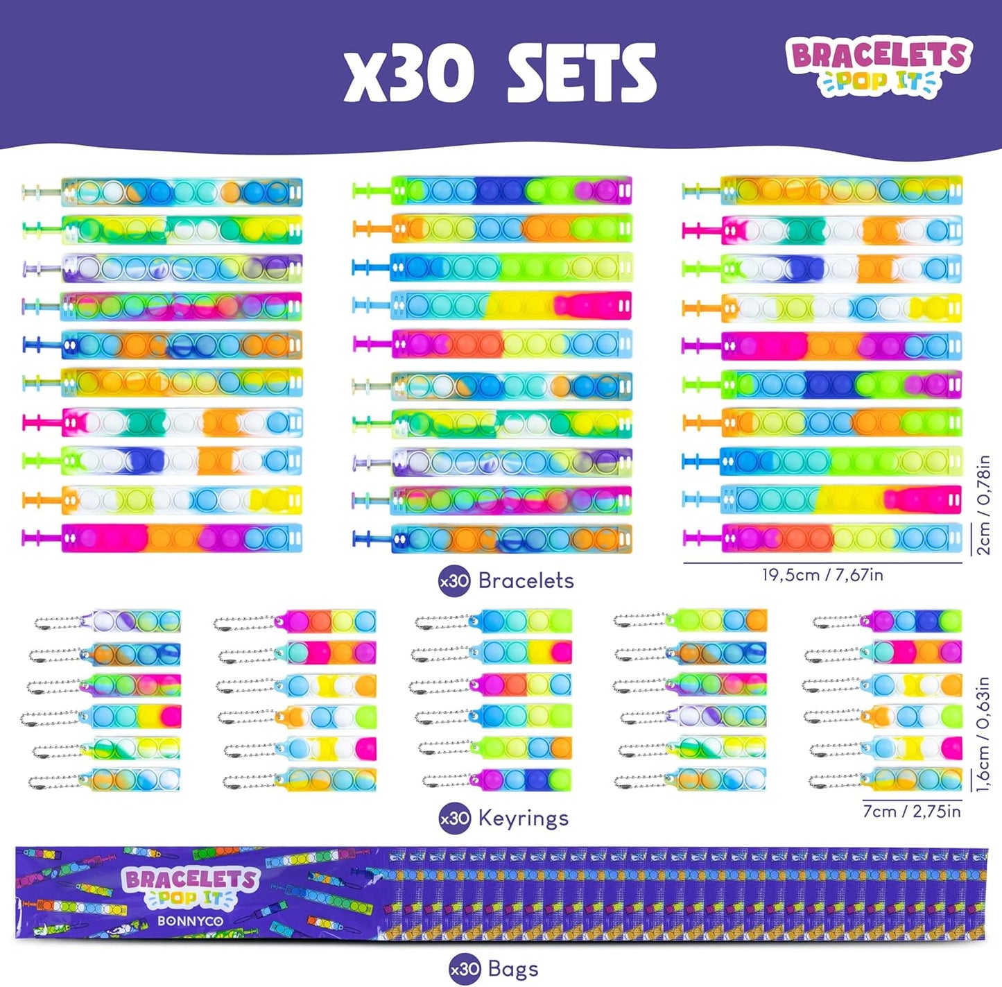 Pop It Bracelets and Keychains Kids Party Favors Pack 30 - BONNYCO | Goodie Bags Stuffers For Kids Fidget Toys Bulk, Birthday Party Favors for Kids Pinata Stuffers, Goody Bag Stuffers for Kids Pop Its