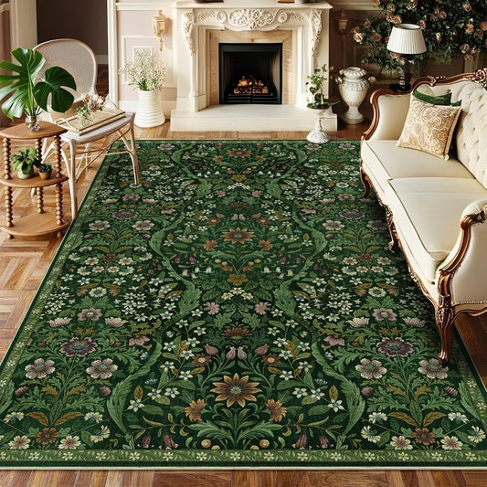 5×7 Dark Green Washable Floral Area Rug,Vintage Boho Soft Low-Pile Living Room Rugs, Stain Resistant Botanical Non-Slip Carpet for Bedroom,Dining Room, Kids Nursery,Home Decor