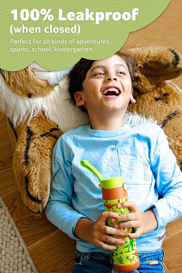 Jarlson® Mali Children's Water Bottle, Thermal Stainless Steel Water Bottle, BPA-Free, Leak-Proof, Children's Bottle with Chug Lid, Bottle for School, Nursery (Dinosaurs, 500 ml)
