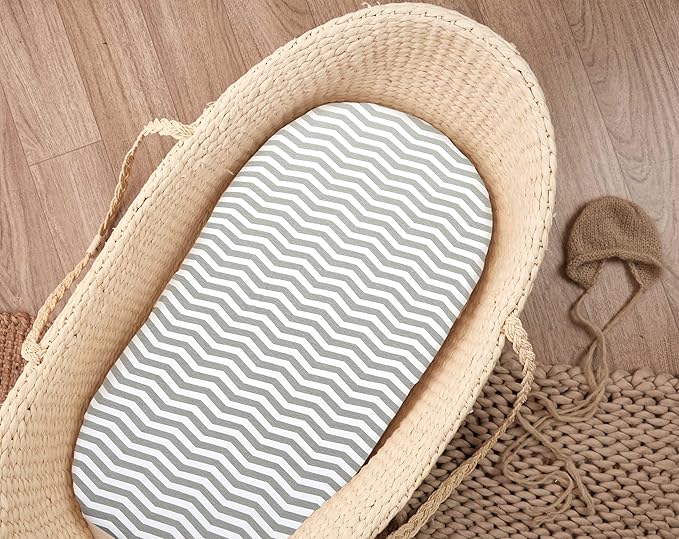 Bassinet Sheets for Baby Girl & Boy – 3-Pack Soft Fitted Bassinet Sheets, Organic Cotton, Breathable & Cozy, Fits 32x16x4 Inch Rectangle, Oval & Hourglass Mattresses (Grey/White)