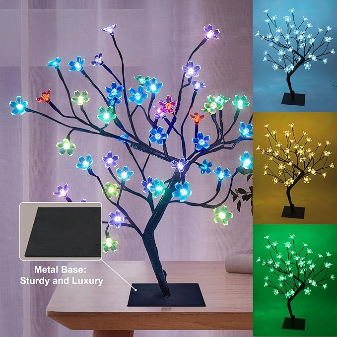 LIGHTSHARE 18 Inch Cherry Blossom Bonsai Tree, 48 LED Lights, RGB with Remote Control, 16 Color-Changing Modes, 24V UL Listed Adapter Included, Metal Base Ideal As Night Lights