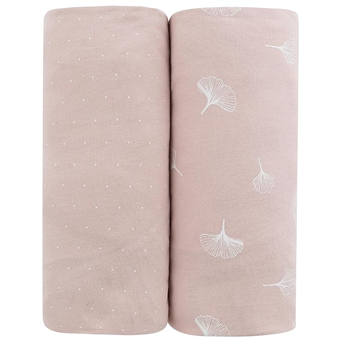 Ely’s & Co. Crib Sheet 2-Pack — Combed, 100% Jersey Cotton for Baby Girl — Rosewater Pink, Pin Dots & Gingko Leaves 52” x 28”