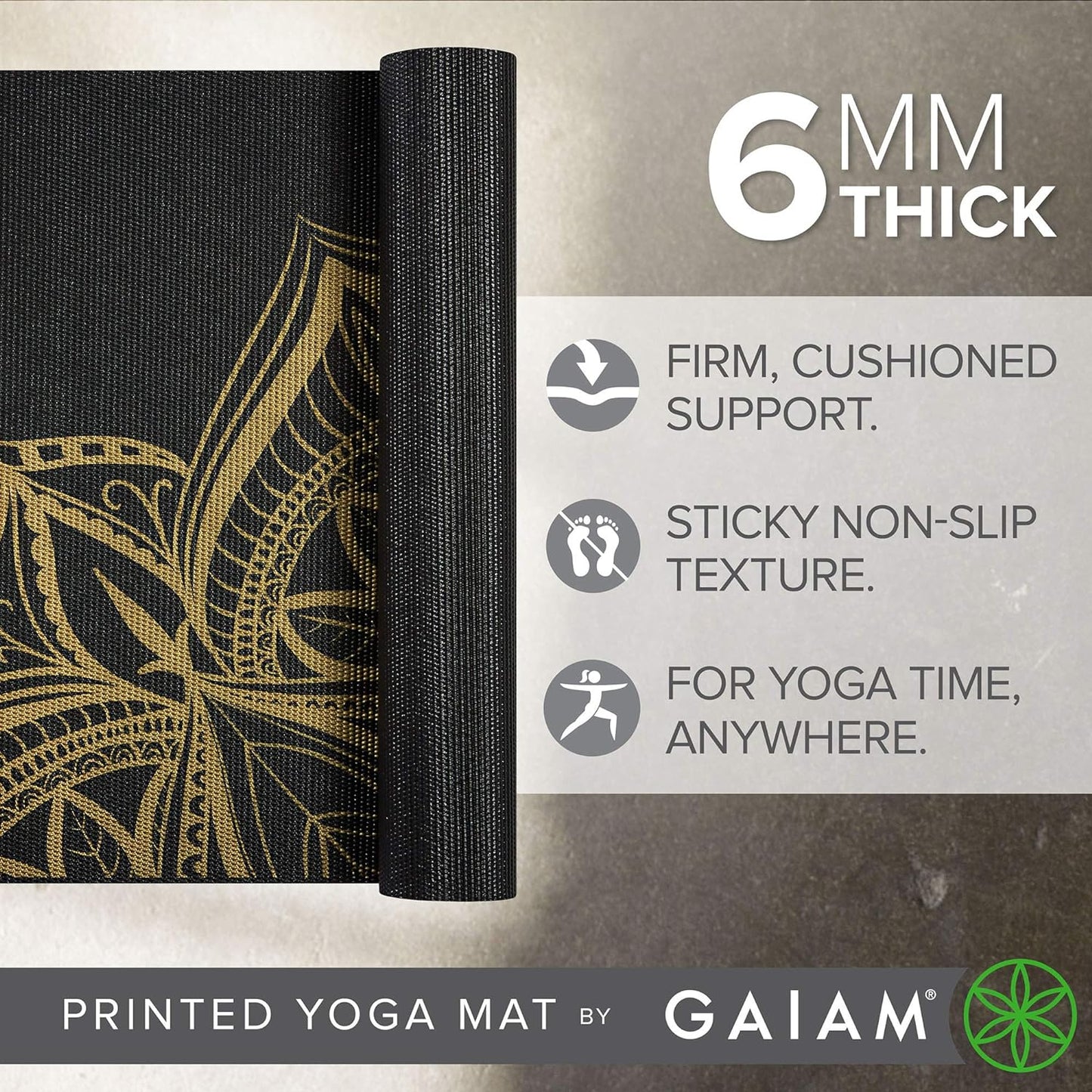 Gaiam Yoga Mat - Premium 6mm Print Extra Thick Non Slip Exercise & Fitness Mat for All Types of Yoga, Pilates & Floor Workouts (68"L x 24"W x 6mm Thick)
