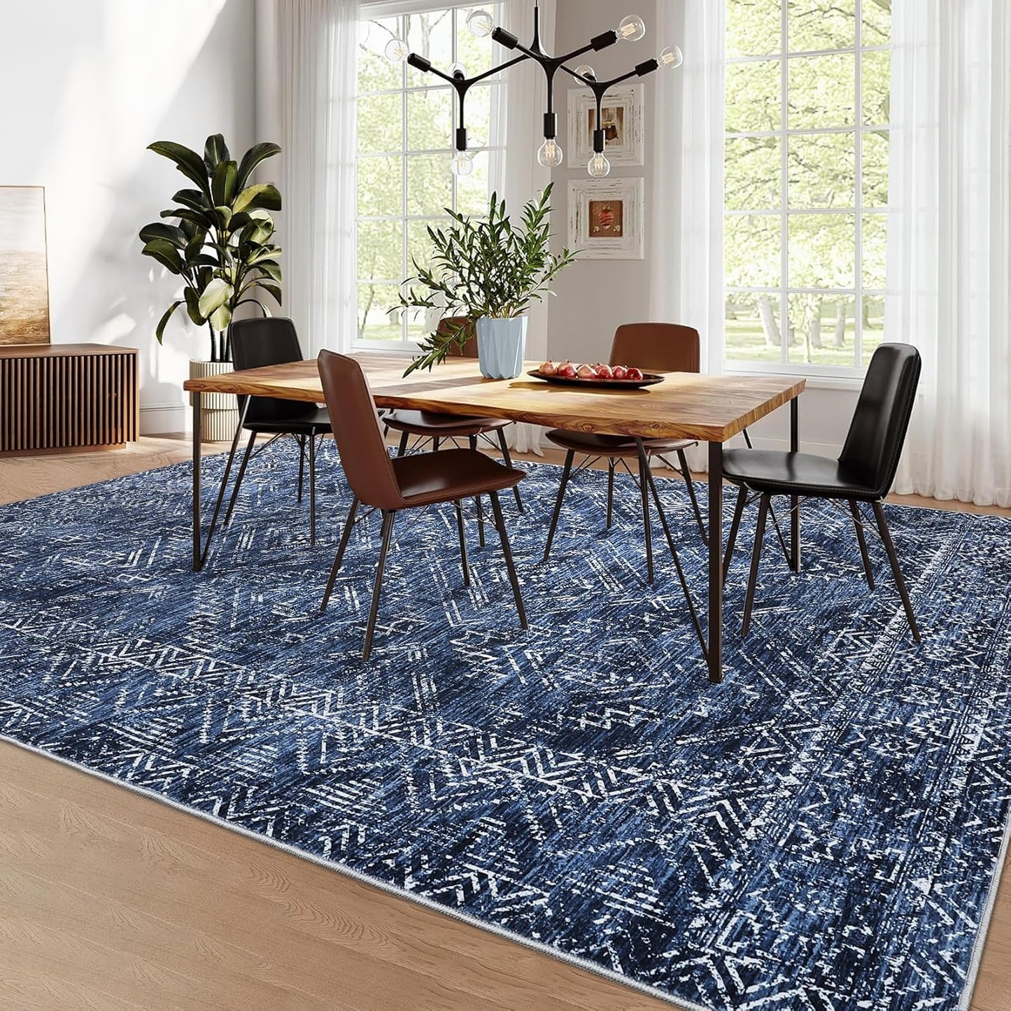 COZYLOOM Area Rug 5x7 Washable Rug for Living Room Bedroom Playroom Nursery Vintage Non Slip Low Pile Soft Throw Floor Cover Geometric Tribal Foldable Indoor Carpet, Blue