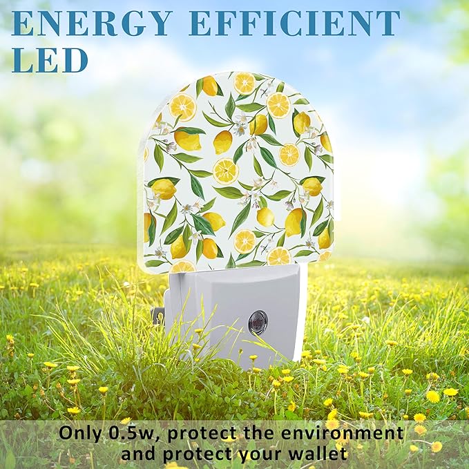 Watercolor Lemon Floral Night Light Plug into Wall with Dusk to Dawn Sensor Cute Nightlight for Kid Girls Boys Women Men Room Decor, Hallway, Kitchen, Bathroom, Nursery, Stairs