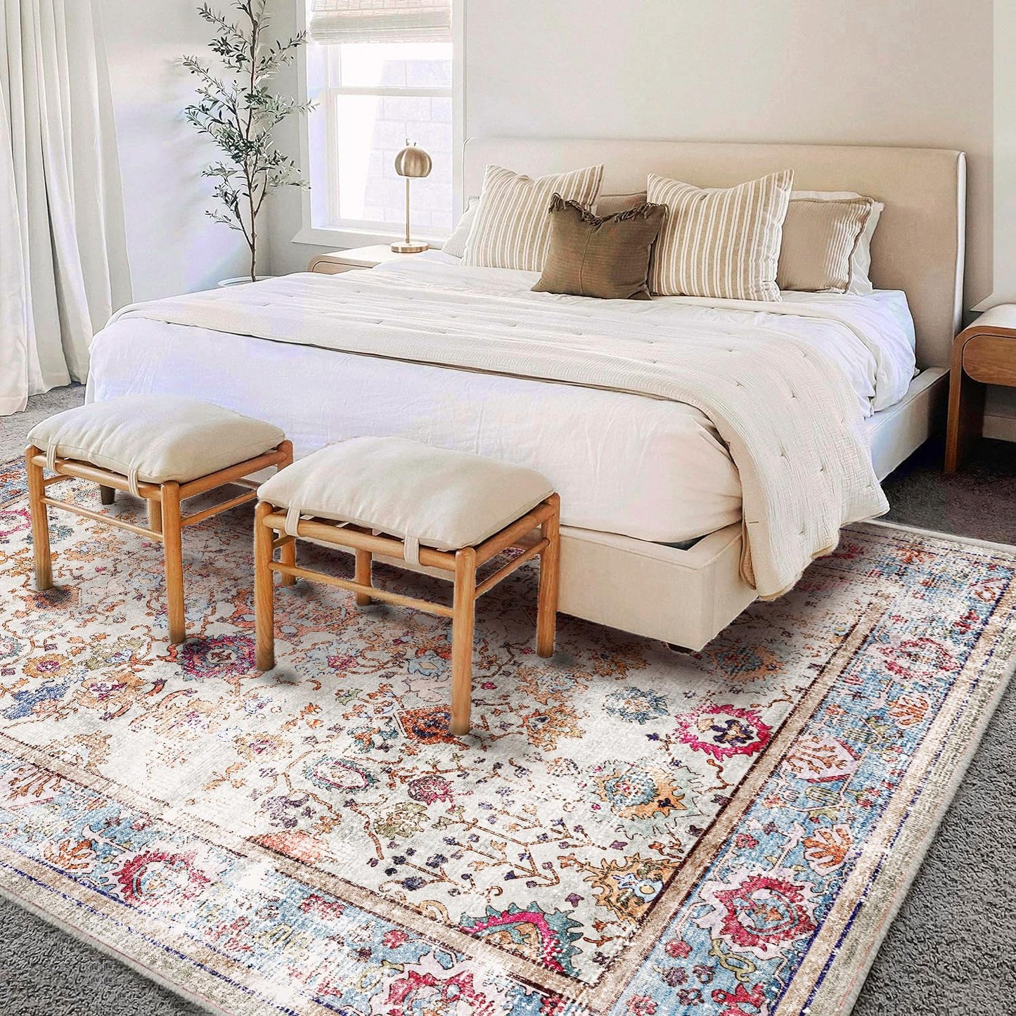 5'x7' Washable Vintage Area Rug Traditional Floor Cover Foldable Kitchen Accent Thin Rug Indoor Distressed Non Slip Carpet Floral Print Mat Bedroom Living Room Bathroom