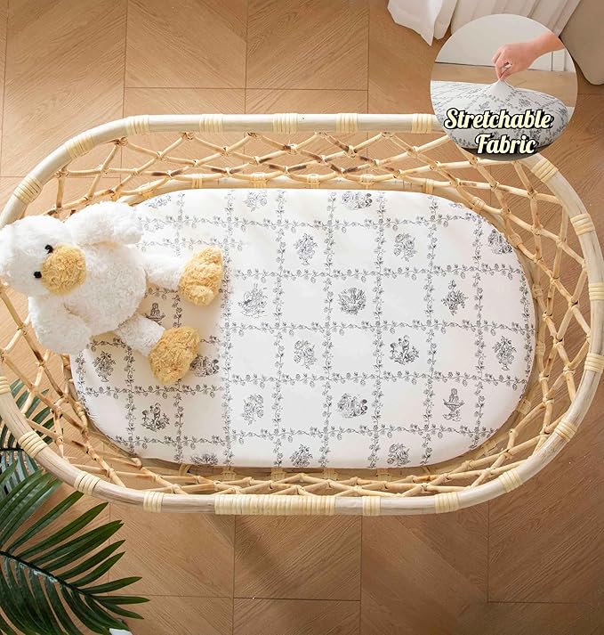 SDY Baby Bassinet Sheets,2pk Cozy Floral Bassinet Fitted Sheets for Baby Boys Girls 32 * 16 * 4 inches, Baby Sheets Fit for Hourglass Oval Cradle, Moses Basket Rectangle Mattress(Floral,Black)