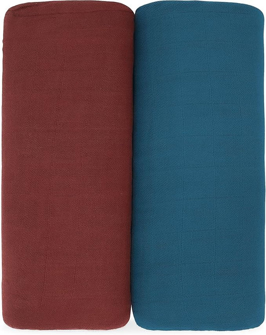 Comfy Cubs Muslin Swaddle Blankets Pack of 2 - 47 x 47 Inch Soft Cotton Baby Blanket Set, Large Multipurpose Wraps for Newborns - Self-Soothing Swaddles for Newborns - Wine & Neptune