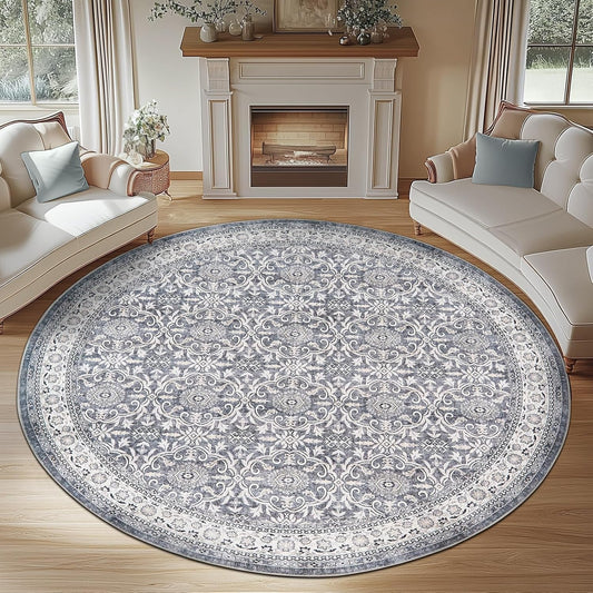jinchan Round Rug 7ft Washable Circle Soft Rug - Low Pile Vintage 7'Round Indoor Grey Floral Print Stain Resistant Boho Carpet Ultra-Thin Non-Slip for Living Room Bedroom Dining Room Kitchen