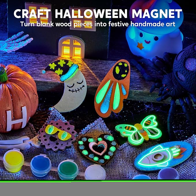 JOYIN 12 Glow in The Dark Wooden Magnets for Kids, Paint Your Own Arts and Crafts Painting Kit, Halloween Crafts Birthday Parties and Family Crafts Gift, Party Favors for Boys Girls Ages 3+