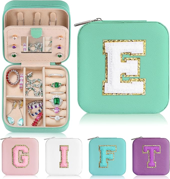 Parima Small Jewelry Box for Girls, Travel Must Have Jewelry Organizer Travel Case | Travel Gifts for Women Girls Jewelry Box | Graduation Gifts for Friends Female | Travel Essential - Letter E, Blue