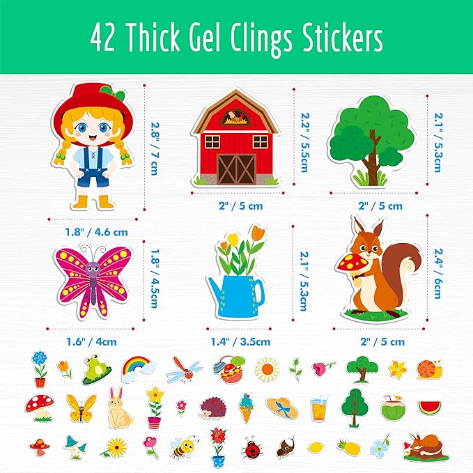 42PCS Summer-Theme Jelly Stickers, Butterfly Flower Farm Thick Window Door Clings Removable Reusable Gel Decals for Kids Toddlers Adults Home Classroom Decoration Party Supplies (Not Edible)