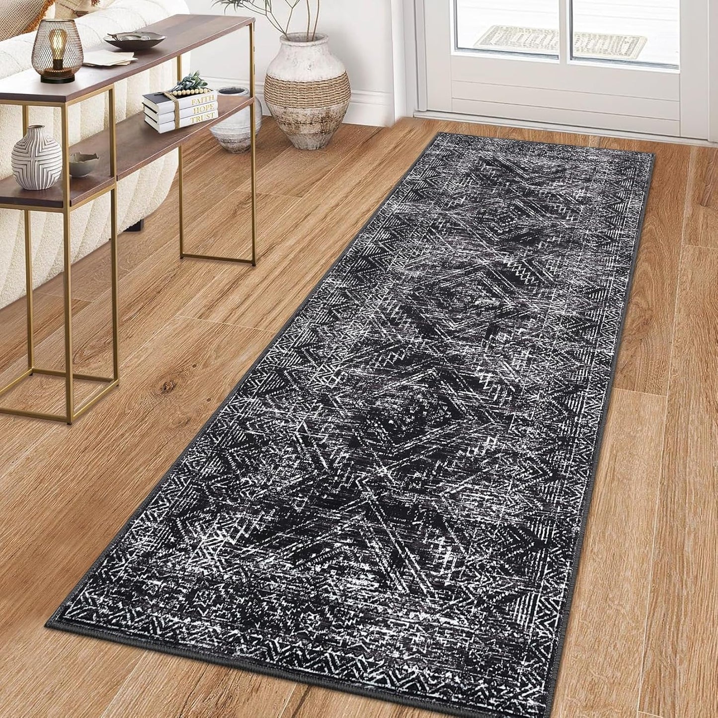 COZYLOOM Rug Runners 2x8 Washable for Hallway Vintage Non Slip Area Rug Geometric Soft Throw Rugs Low Pile Stain Resistant Carpet for Office Dining Room Living Room, Black