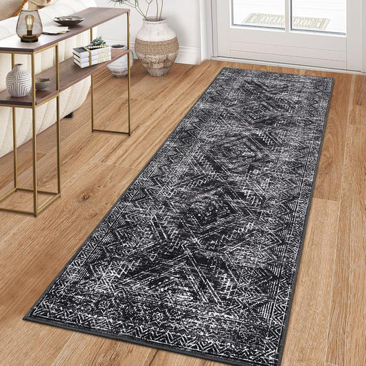 COZYLOOM Rug Runners 2x6 Washable Rugs for Bedroom Hallway Dining Room Living Room, Vintage Rug Non Slip Area Rug Geometric Soft Throw Rugs Low Pile Stain Resistant Carpet, Black