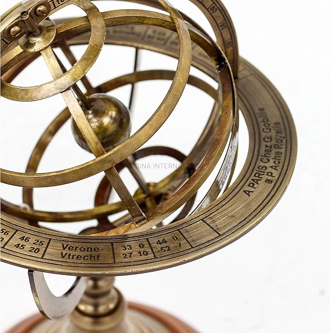 Antique Vintage Zodiac Armillary Brass Sphere Globe Wooden Display | Pirate's Antique Ship Decor | Nagina International (Large, Antique Brass)