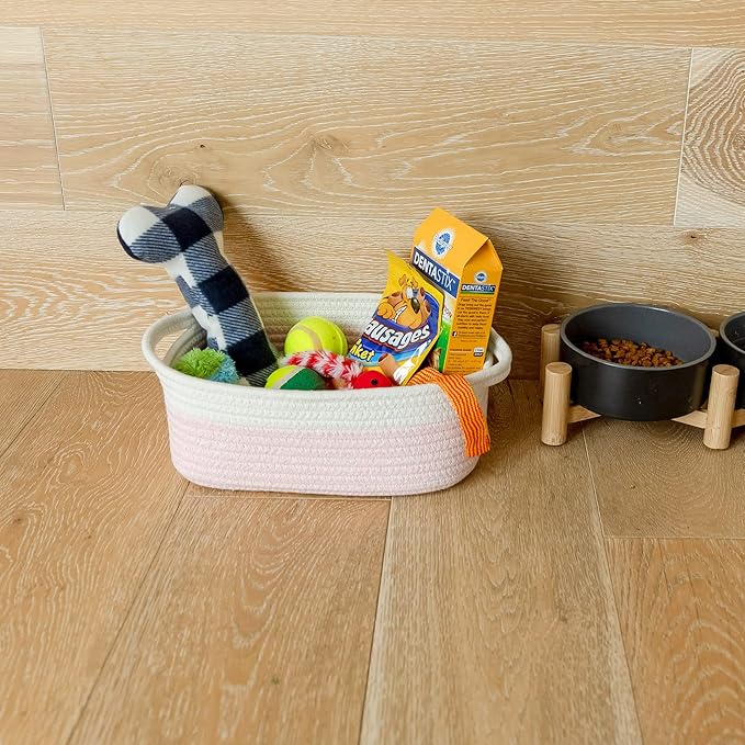 NaturalCozy 5-Piece Rectangle Storage Basket Set- Natural Cotton Rope Woven Baskets for Organizing! Small Basket for Montessori, Baby Nursery, Dog Toy Baskets, Cat Toy Box, Bathroom Organization Bin