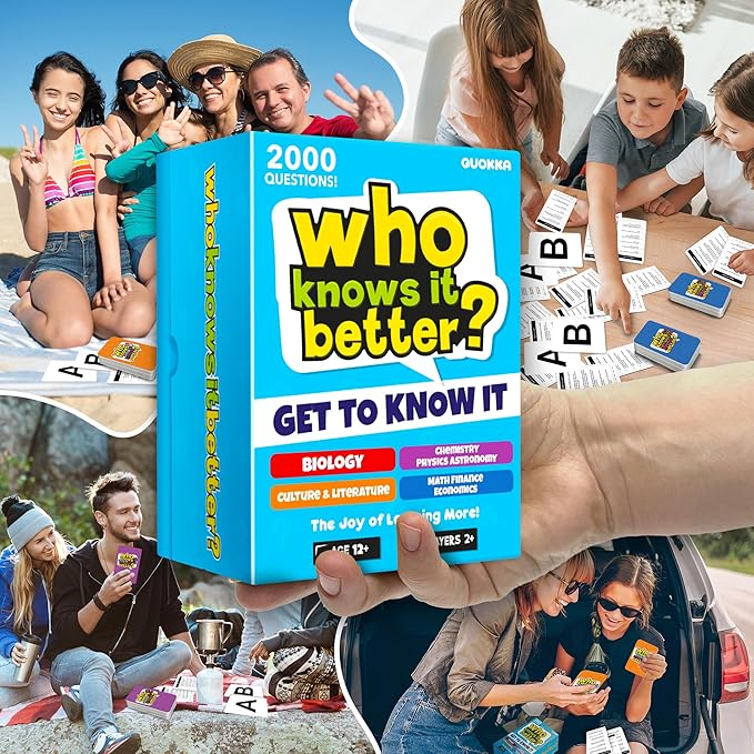 Board Games for Kids 8-12 and Family - Set of 4 Who Knows It Better? - 2000+ Questions Across Biology, Culture, STEM and Math - Educational Trivia Cards for Learning and Game Night