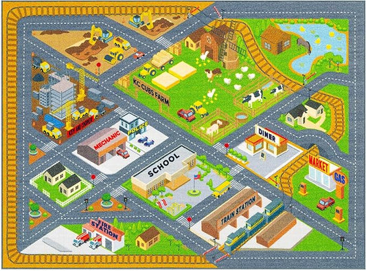 KC Cubs 3x5 Country Farm Construction Car Road Street Rug – Educational Carpet Play Mat for Kids, Toddlers, Nursery, Classroom, Playroom, Baby Daycare