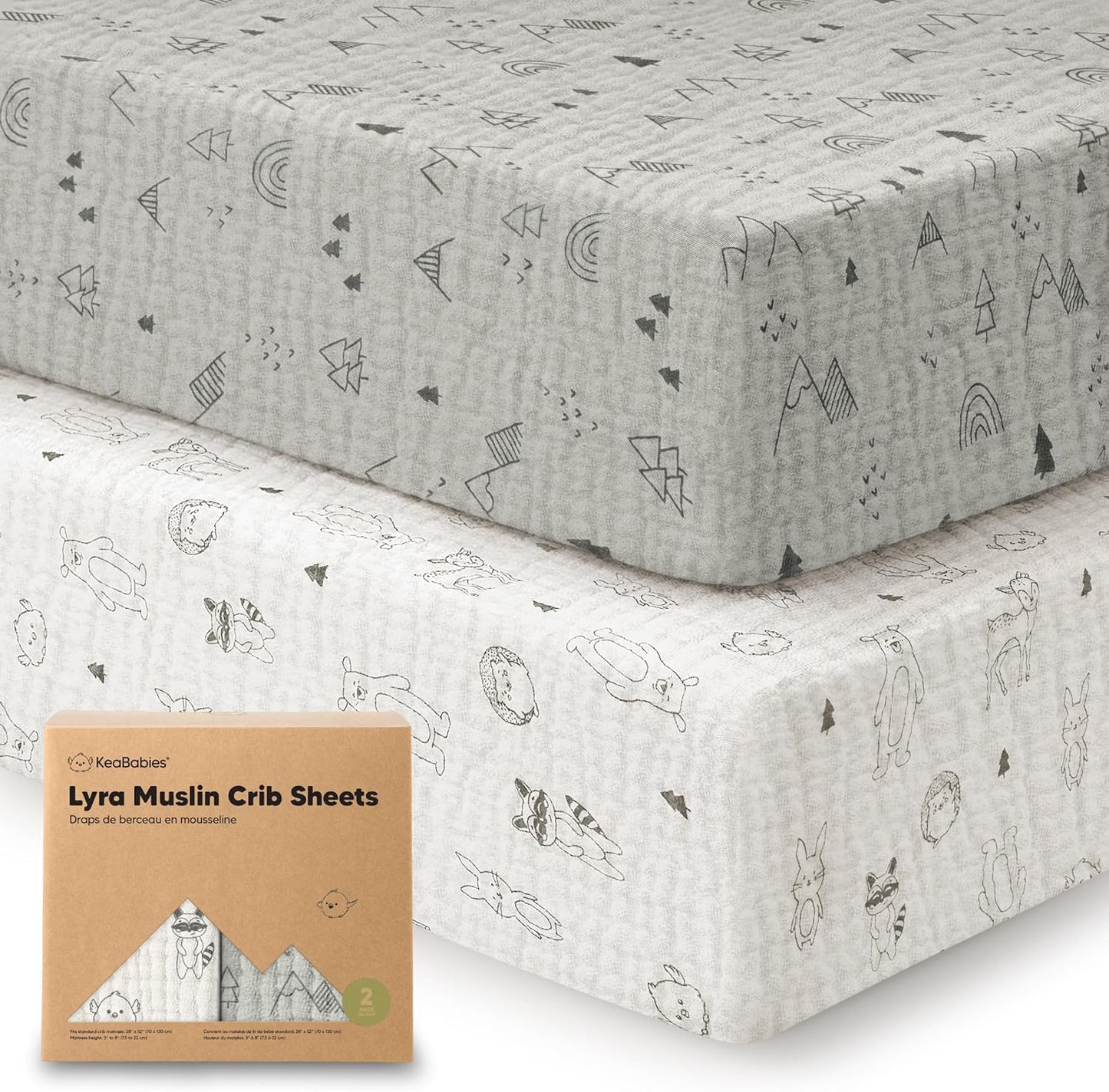 KeaBabies 2-Pack Muslin Crib Sheets for Boys, Girls - 100% Organic Cotton Fitted Baby Crib Mattress Sheet, Soft Breathable Standard Toddler Bed Cover Bedding Set, Neutral, Durable 52x28 (Woodland)