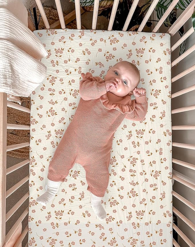 Mini Crib Sheets for Baby Boy Girl 2 Pack, Neutral Mini Crib Mattress Sheet 24" x 38", Muslin Nursery Bedding Soft and Breathable Comfort (Floral & Pink)