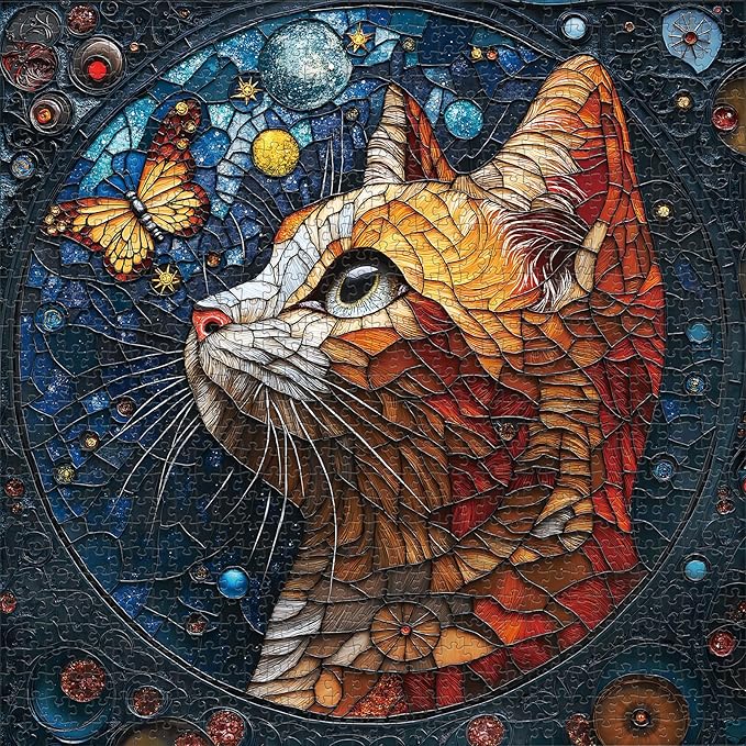 1000 Piece Jigsaw Puzzle for Adults - Stained Glass Style Cat Puzzle with Vibrant Colors and Celestial Design, Perfect for Game Nights and Gift-Giving, Finished Size is 24 x 24 in