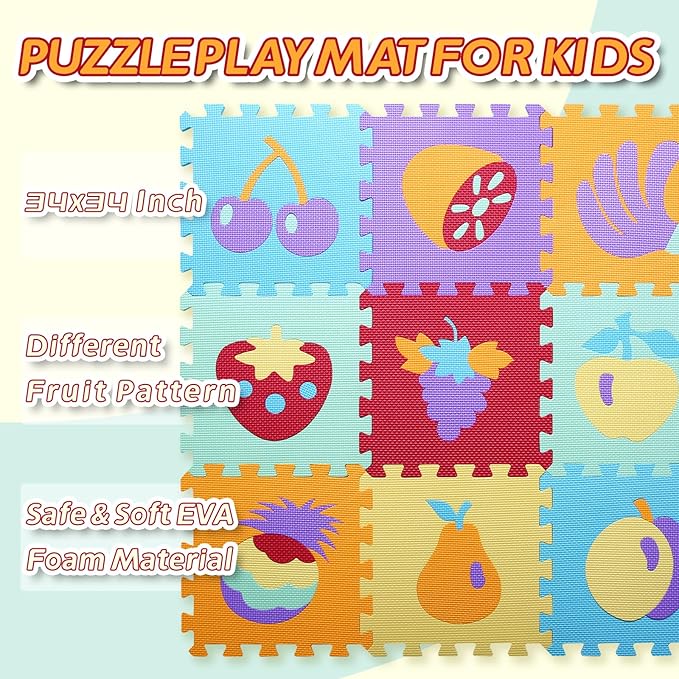 Coolcandy Baby Play Mat Without Fence, 9Pcs Interlocking Puzzle Floor Mat, 0.4" Thick Non-Toxic EVA Foam Play Mat, for Infants & Toddlers 3-36 Months, Soft Puzzle Tiles for Play Areas