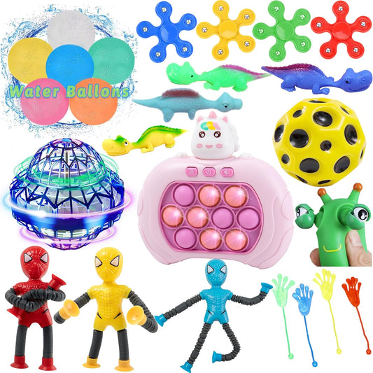 Toys Pack for Boys Girls Fidget Sensory Toys Party Favors Figette Spinner Cube Water Ballons Stress Relief Autism Toys UFO Flying Orb Ball Pop Its Game Easter Basket Bag Stuffers Gifts for Kids