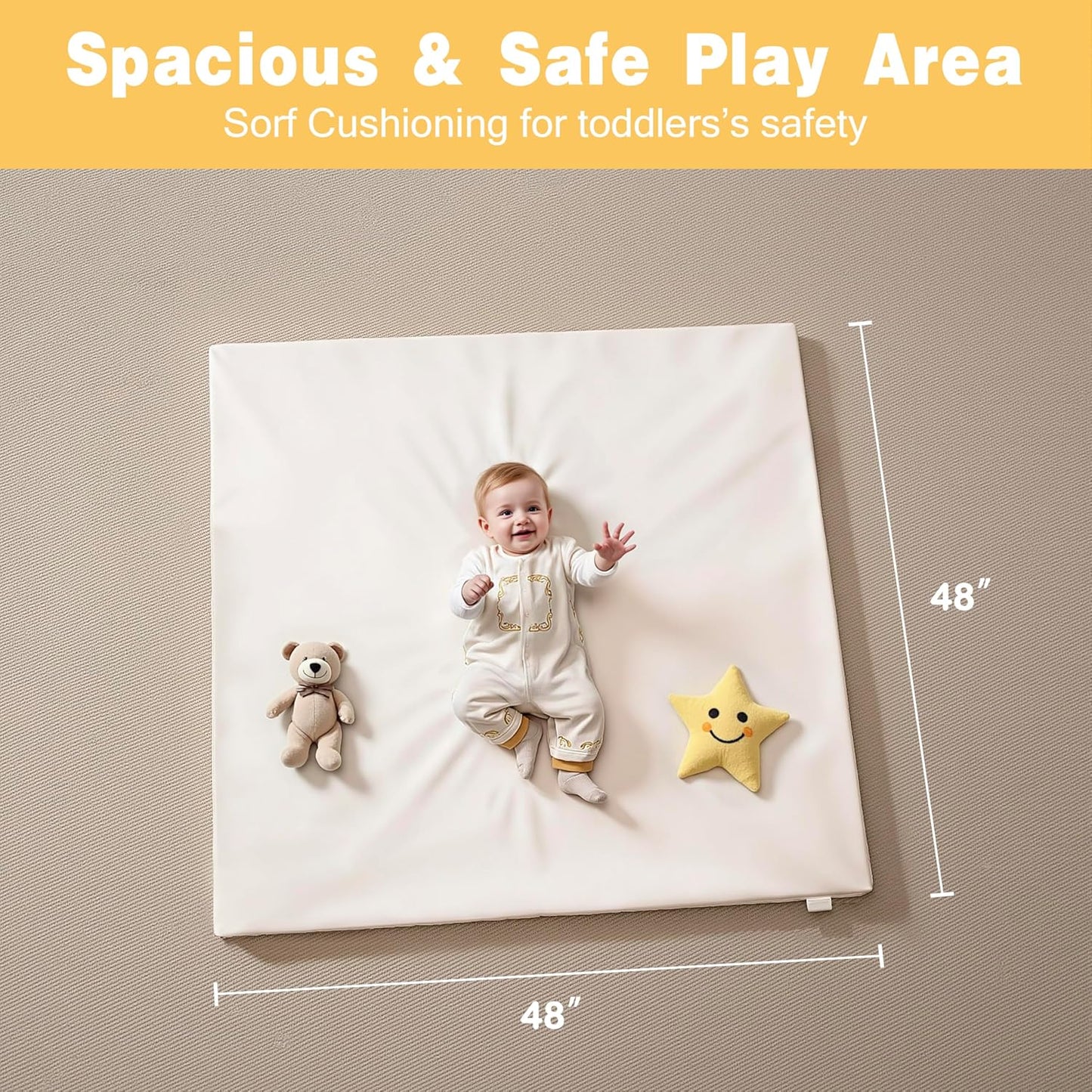 Padded 48" ×48" Baby Play Mat for Playpens, 1.3" Thick Foam Mat with Soft Vegan Leather, Baby Tummy Time Playmat for Floor, Fits 50" x50" Playpens