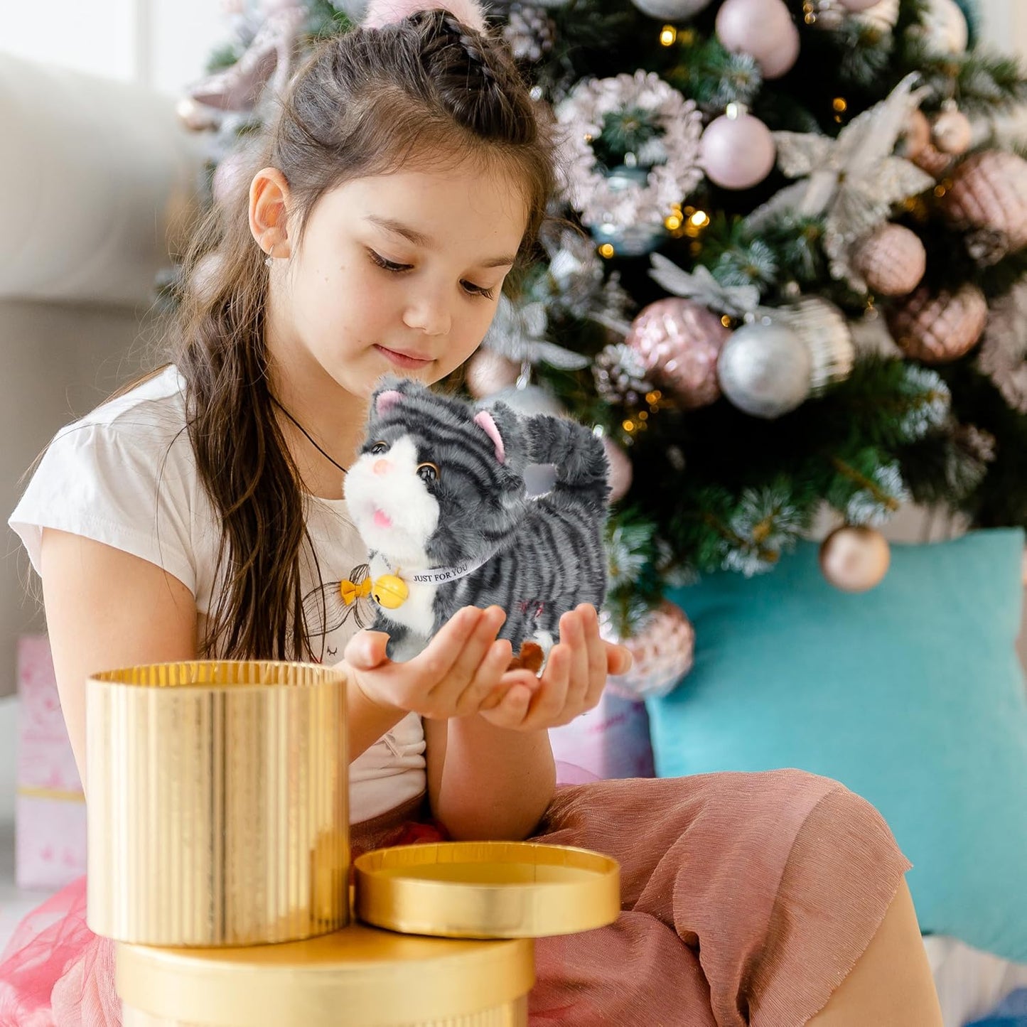 Easfan 7" Walking Plush Kitty Toy Stuffed Animal Electric Interactive Talking Musical Plush Toy Grey Cat Leash Tail Wagging Christmas Birthday Gifts for Kids Toddlers