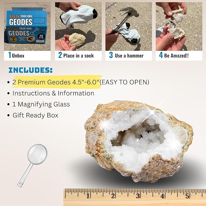Break Your Own Jumbo Geodes Kit for Kids – 2 Giant Natural Crystal Geodes (4.5–6+ Inches) with Magnifying Glass & Learning Guide – STEM Science Rock Kit – Gift-Ready Educational Set