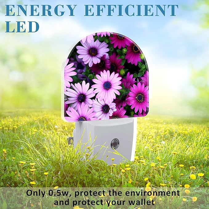 Beautiful Purple and Pink Flowers Night Light Plug into Wall with Dusk to Dawn Sensor Cute Nightlight for Kid Girls Boys Women Men Room Decor, Hallway, Kitchen, Bathroom, Nursery, Stairs