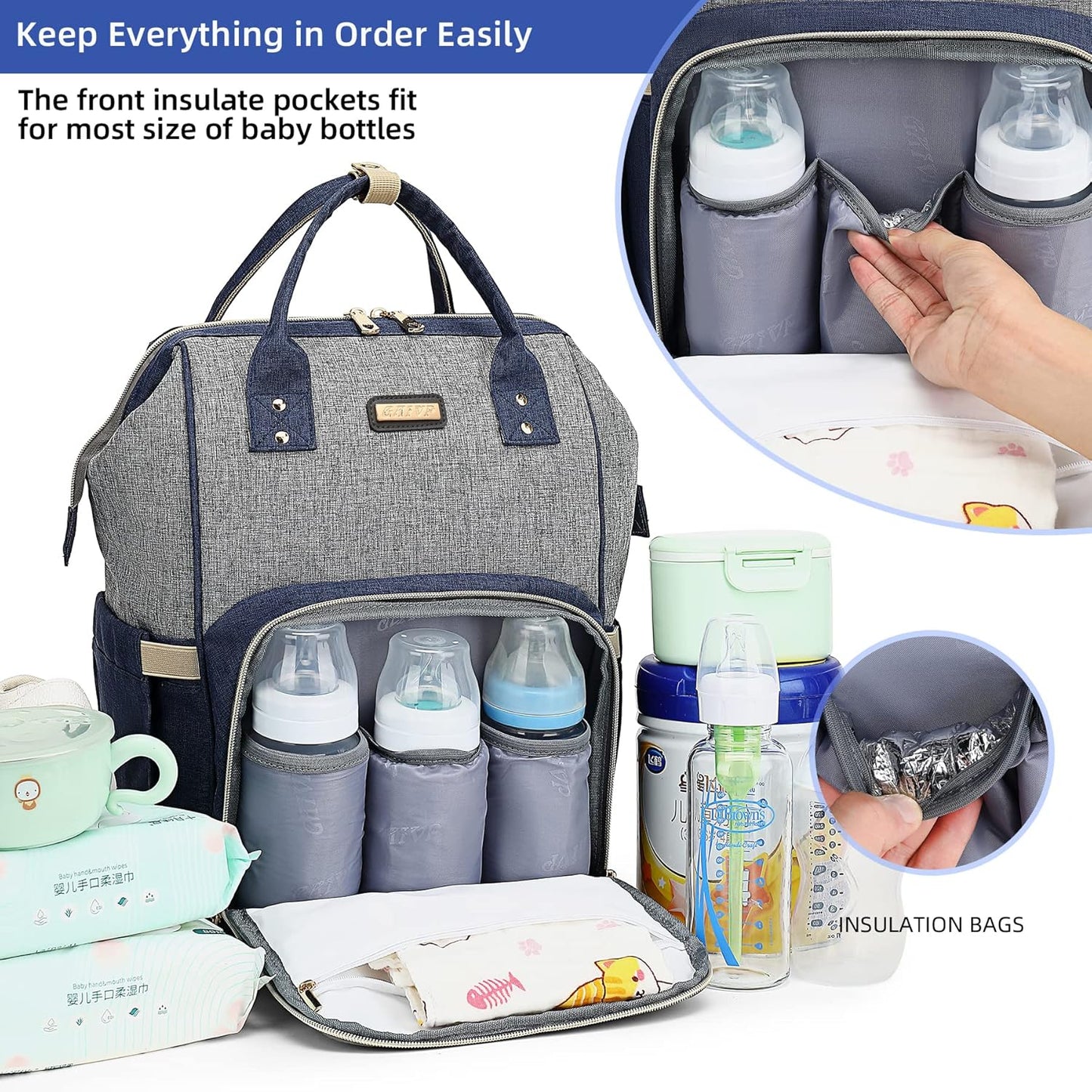 Diaper Bag Backpack, Diaper Bags for Baby Girls Boys, Baby Bags for Moms Dads, Nappy Changing Bag with Insulated Pockets,Multi-functional Waterproof Backpack with Stroller straps- Light Grey Blue