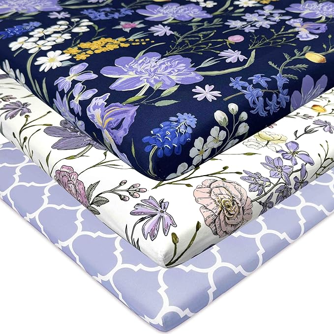 AMROSE 3 Pack Soft Mini Crib Sheets, Microfiber Pack N Play Sheets Set for Baby Girls, Silk Touch Gentle Playard Sheet Portable Crib Sheet, Violet