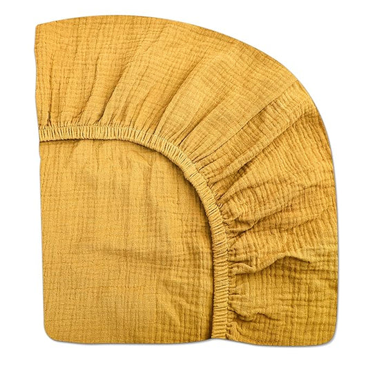 Mini Crib Sheets for Baby, Fitted Pack N Play Mattress and Mini Cribs 24" x 38", Neutral Muslin Cotton Mini Crib Mattress Sheet with Boho Style, Soft and Breathable Comfort (Mustard Yellow)