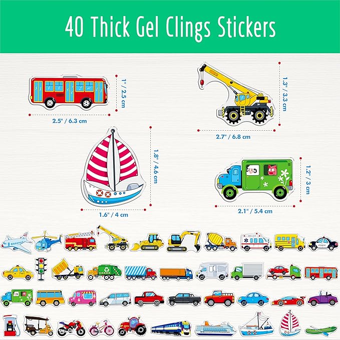 40PCS Vehicle Jelly Stickers, Transportation Tools Thick Window Door Clings Removable Reusable Gel Decals for Kids Toddlers Adults Home Classroom Nursery Party Supplies (Not Edible)