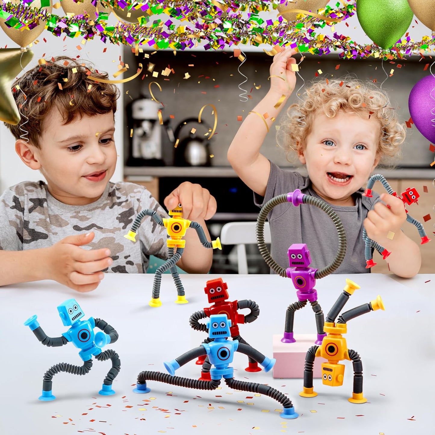 JOYIN Pop Tubes Robot Toys for Kids, 4 Pcs Sensory Toys for Year Old Ages 3 4 5 6 7 8 9 10 Fidget Toys Birthday Gift for Toddler Boys Girls Adults Travel Toys Stocking Stuffers Party Favors