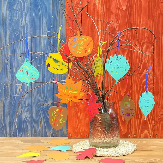 Kasyat 60 Pieces Thanksgiving Scratch Paper Art Set, Fall Scratch Craft Art Colorful Fall Leaves with 60 Pcs Colored Ribbons 10 Pcs Sticks for Kids Autumn DIY Supplies