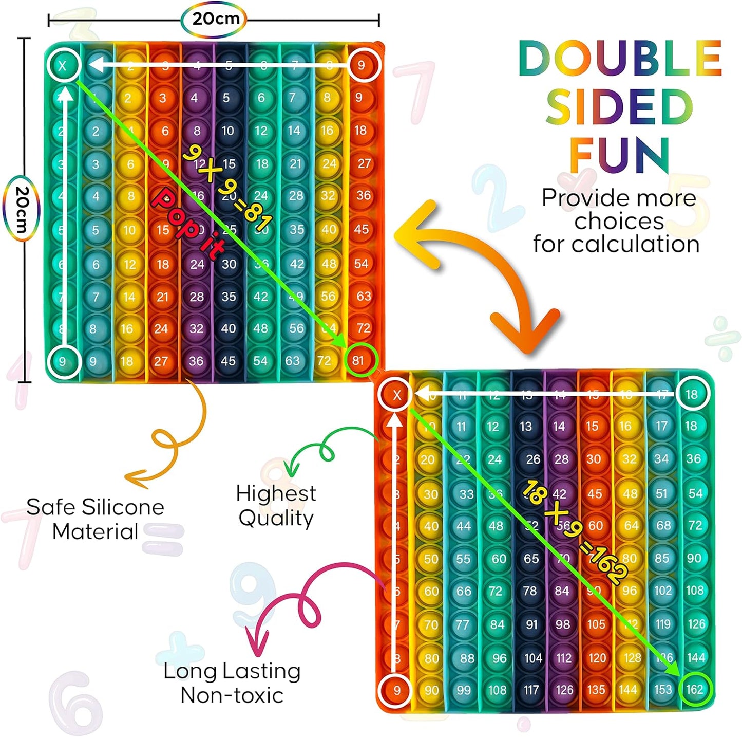 Multiplication Game Chart Pop It Fidget Math Manipulatives Games Table Rainbow Reversible Sensory Toys Flash Cards Stress Popper Relief Anxiety ADHD Autism Adults Kids Childre