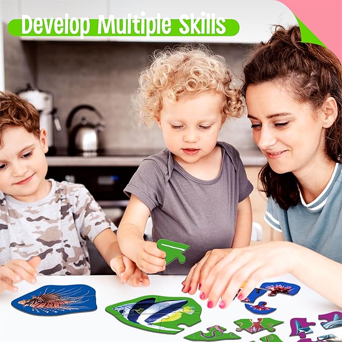 12 Pack Marine Animal Puzzles, 48 Pieces Step-by-Step Animal Jigsaws, Realistic Sea Animal Jigsaw Puzzles with Name Guide Early Learning for Beginner Preschool Toddlers 3+ Years Old