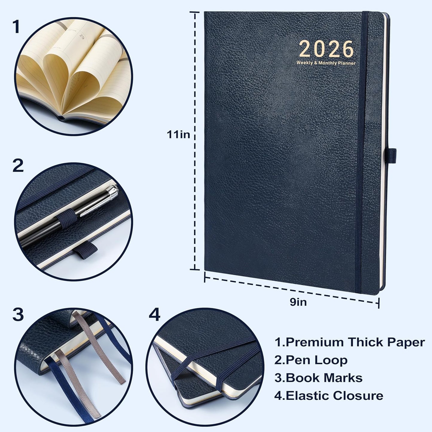 2026 Planner - Weekly and Monthly Planner 2026, JAN 2026 - DEC 2026, 8.5" x 11", Leather Cover 2026 Planners with Thick Paper, Back Pocket with Notes Pages - Blue