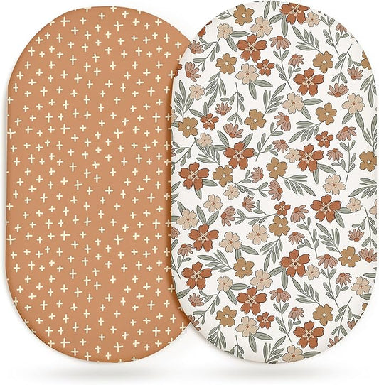 Bassinet Sheets for Baby Girls Boys 2 Pack, Fitted Baby Mattress Sheet for Rectangle, Oval, Hourglass Bassinet Mattress, Breathable Cozy & Universal Fit (Rusty Garden)
