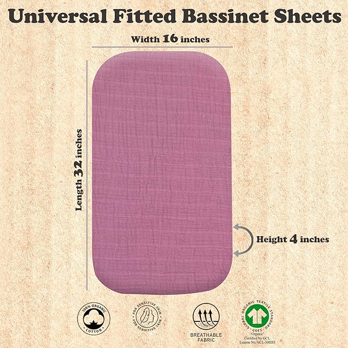 3-Pack Organic Muslin Bassinet Fitted Sheets, Compatible with Halo, Snoo, Graco, Dream On Me, Delta, and Other Standard Size Bassinets - Fits Oval, Hourglass, & Rectangle Shapes (32 x 16 x 4 Inches)