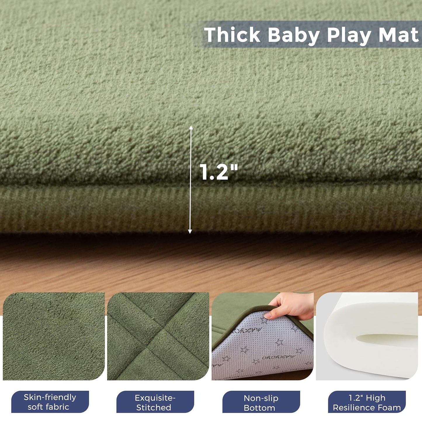 MAXYOYO 1.2" Thick Baby Play Mat for Floor, 36"x60" Foldable Playpen Mat, Tummy Time Foam Mats Ultra Soft Support, Padded Carpet with Non-Slip Backing for Infant,Kids and Toddler Crawling, Green