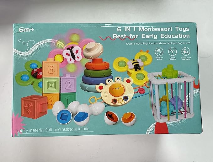 Baby Toys for 6 to 12 Months, Montessori Sensory Bins & Teething Toys, 6 in 1 Stacking Blocks, Rings, Eggs, Spinner, Crab Shape, 27 Pieces, Ages 6-36 Months